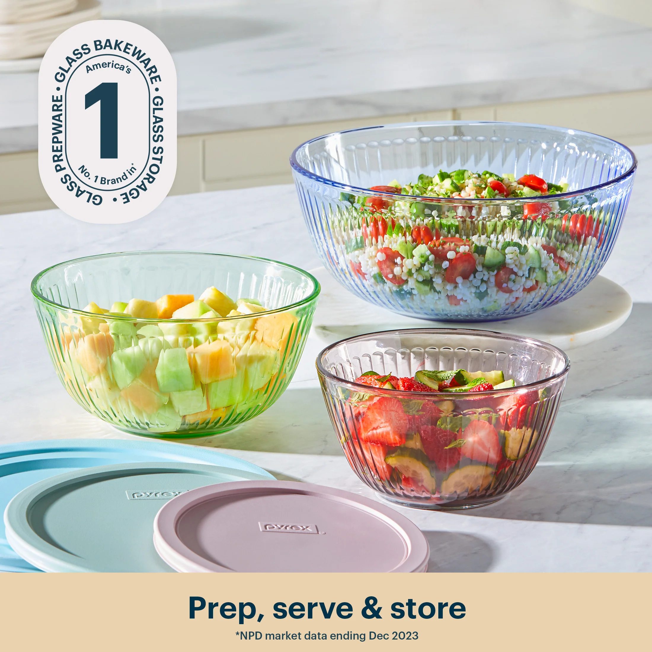Pyrex® Colours Storage Sculptured 6 Piece Bowl Set (Blue/Green/Pink) - Image 2