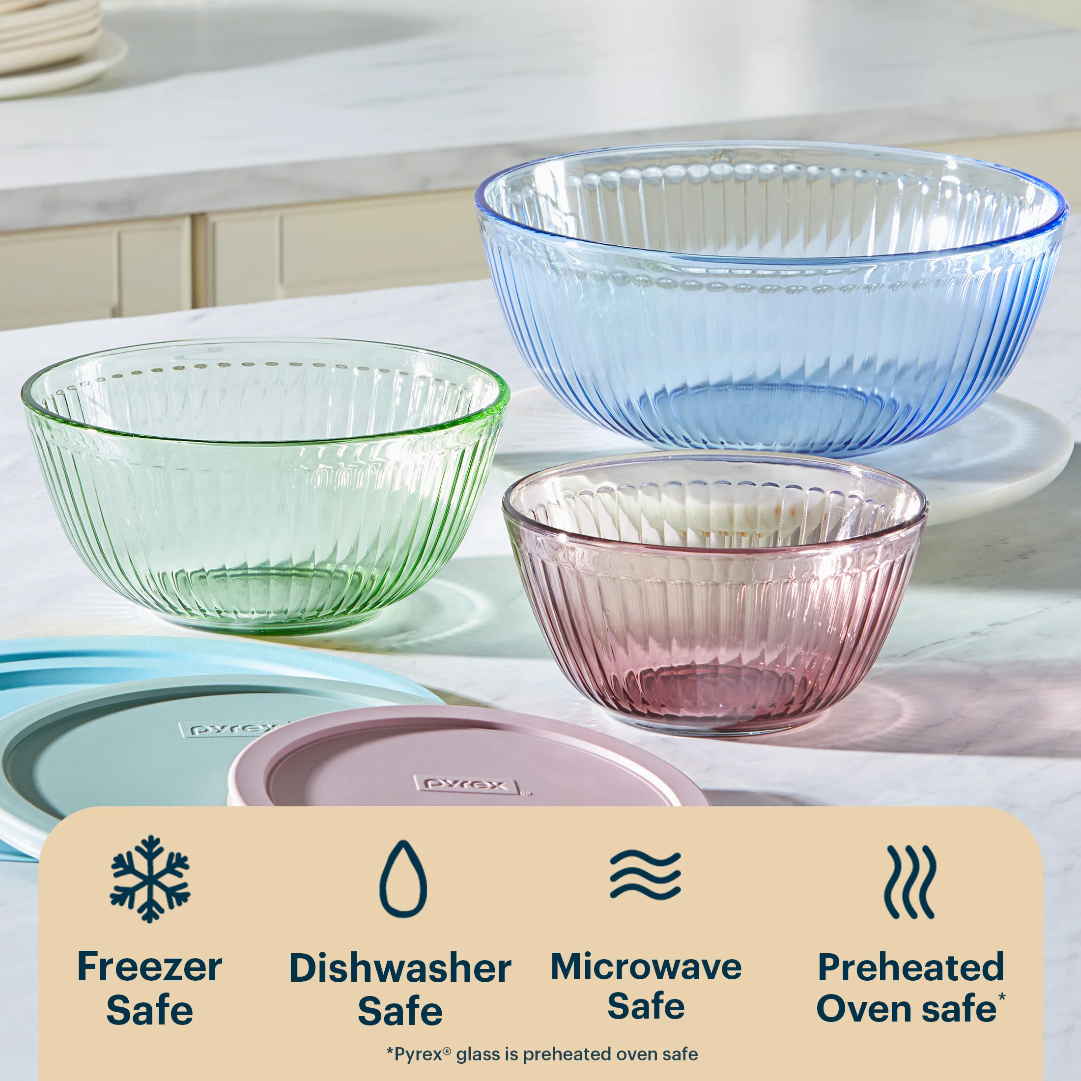 Pyrex® Colours Storage Sculptured 6 Piece Bowl Set (Blue/Green/Pink) - Image 3
