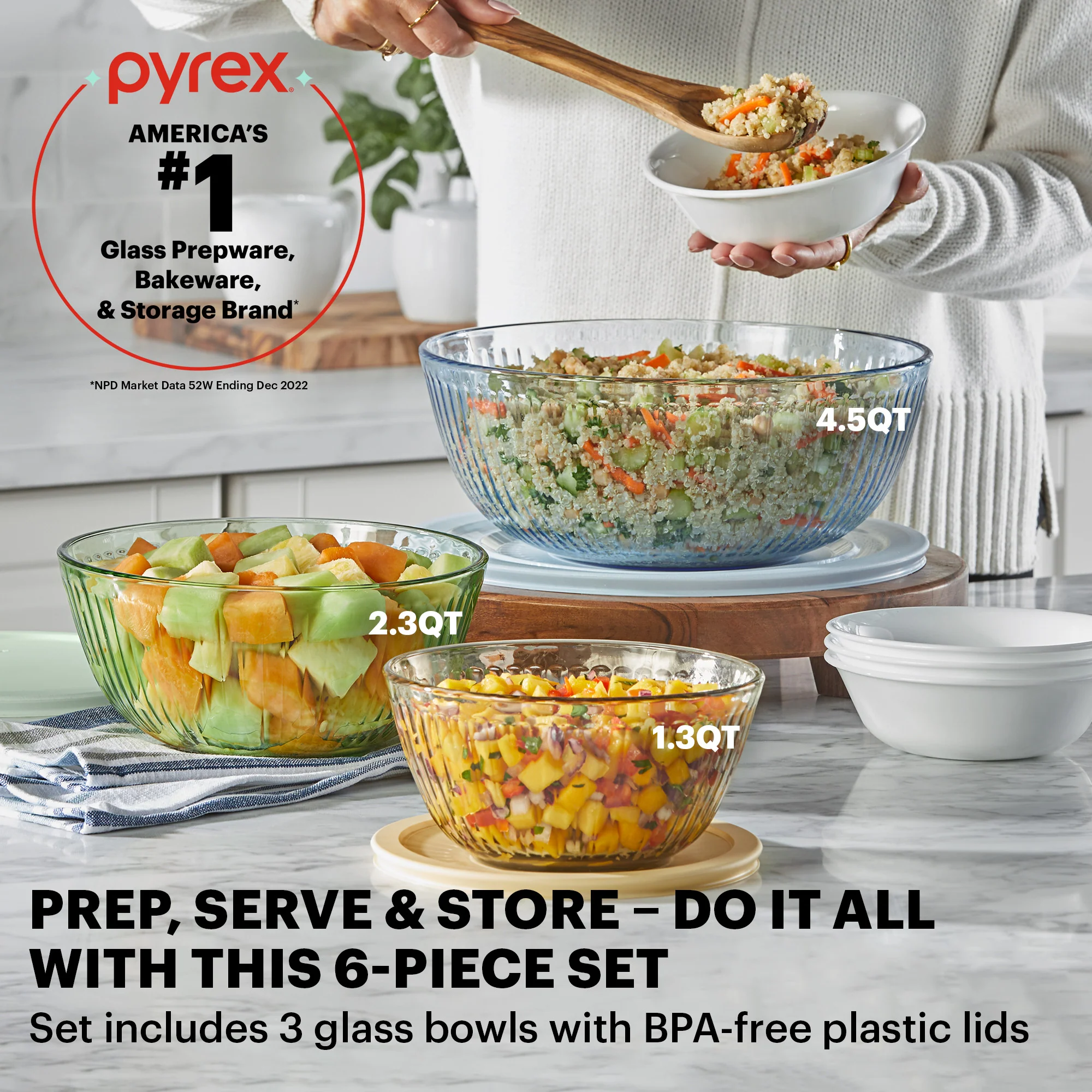 PROMO Pyrex® Colours Storage Sculptured 6 Piece Bowl Set (Yellow/Green/Blue) - Image 2